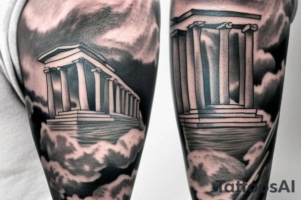 An arm tattoo composition of a greek temple with clouds and a thunder and Pegasus on the bottom. tattoo idea