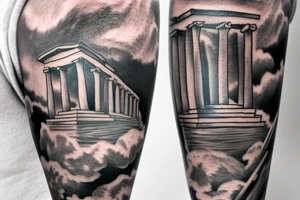 An arm tattoo composition of a greek temple with clouds and a thunder and Pegasus on the bottom. tattoo idea