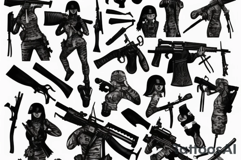 mfemale soldier with many weapons tattoo idea