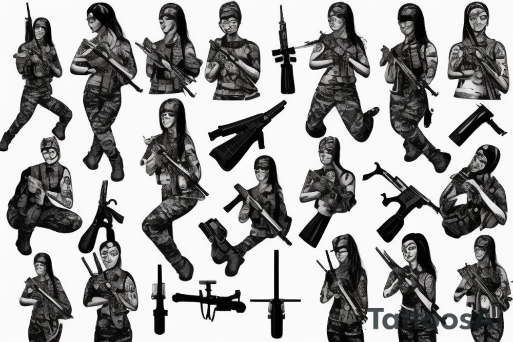 female soldier with many weapons tattoo idea