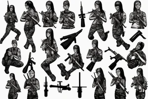 female soldier with many weapons tattoo idea