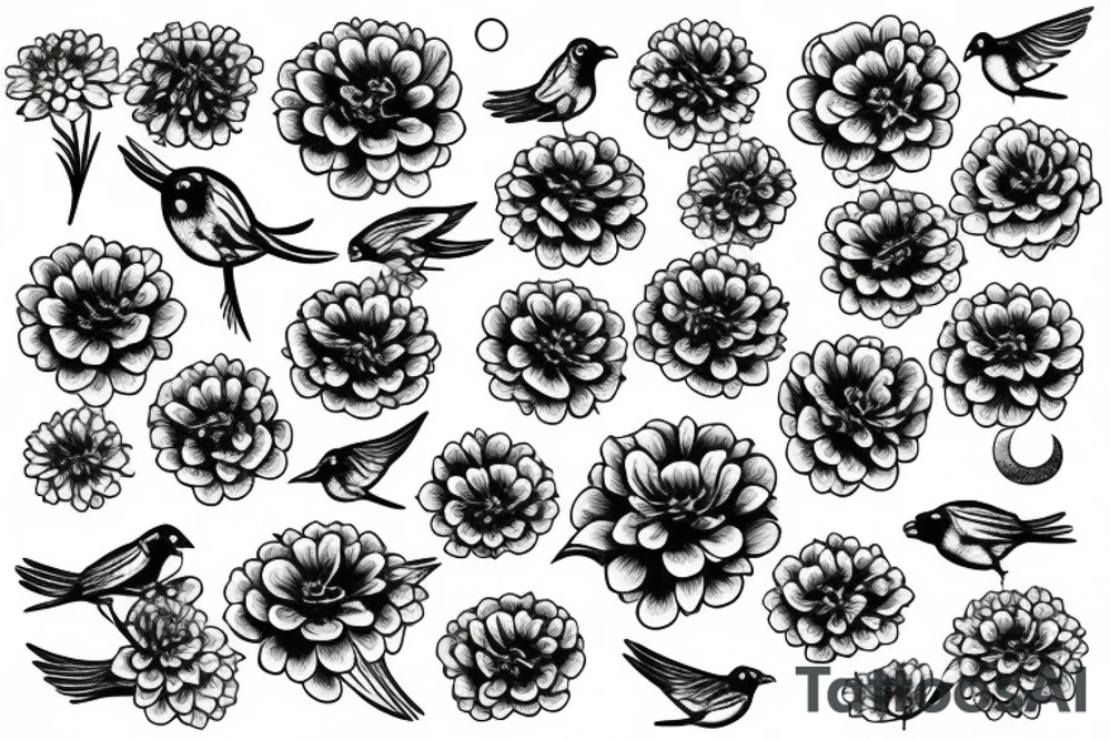 bird set free, zinnias, sunshine, moon, stars, aquarius tattoo idea