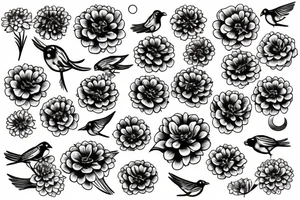 bird set free, zinnias, sunshine, moon, stars, aquarius tattoo idea