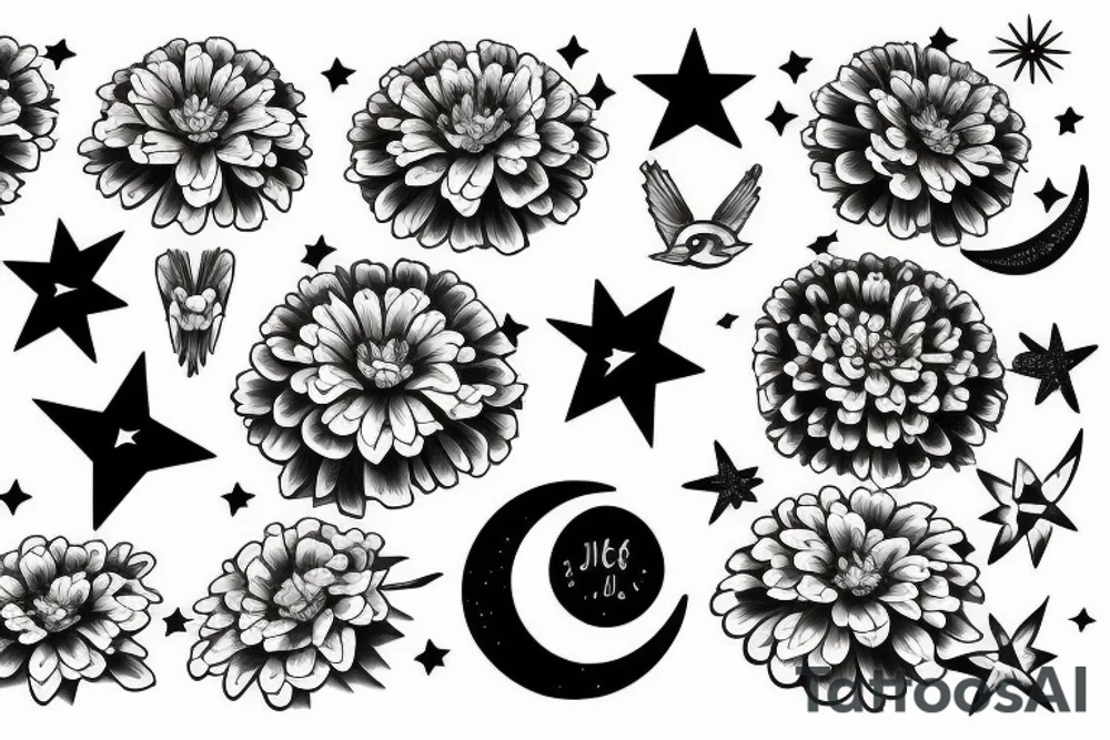 bird set free, zinnias, sunshine, moon, stars, aquarius tattoo idea