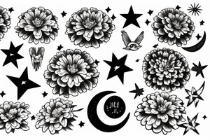 bird set free, zinnias, sunshine, moon, stars, aquarius tattoo idea