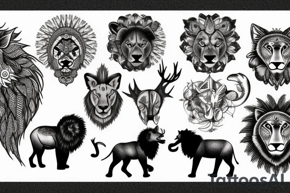 Lion, wolf, elephant, deer in one tatoo tattoo idea