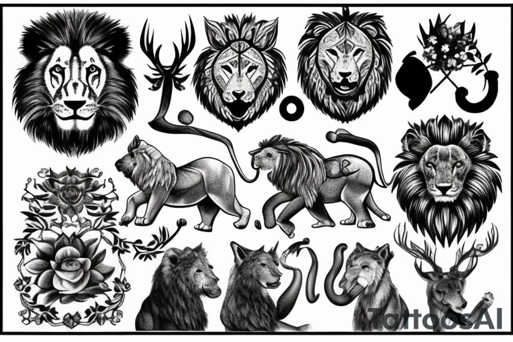 Lion, wolf, elephant, deer in one tatoo tattoo idea