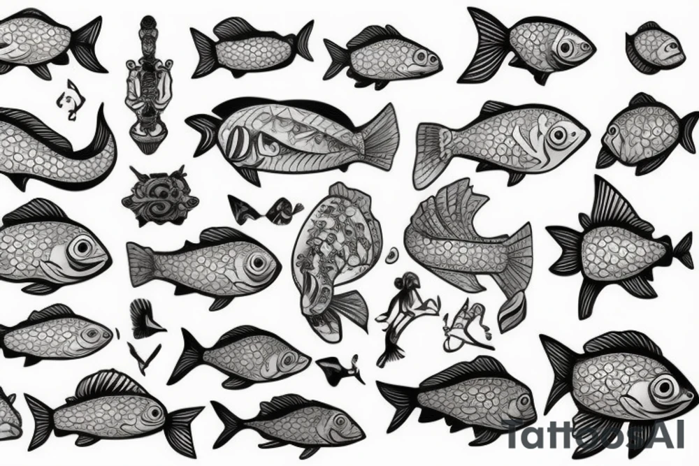 fish on scale statue tattoo idea