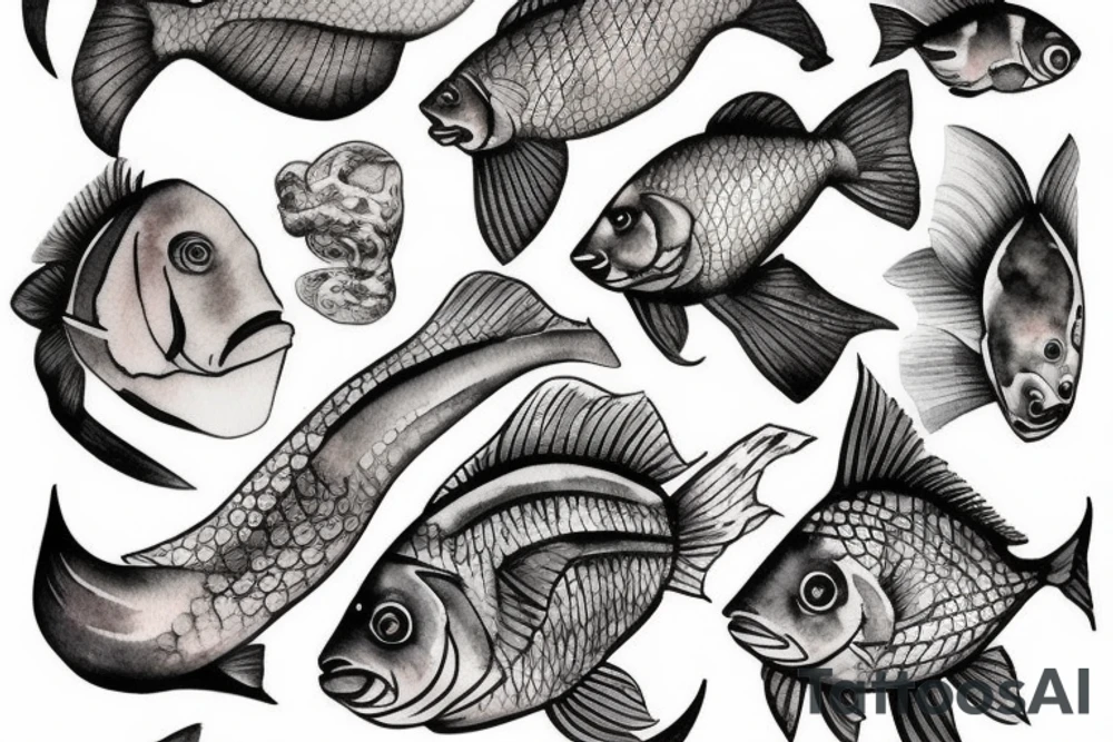 fish on scale statue tattoo idea