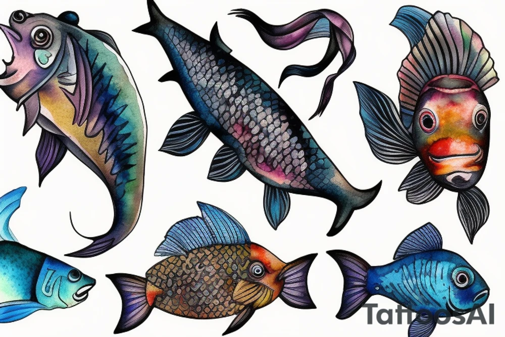 fish on scale statue tattoo idea