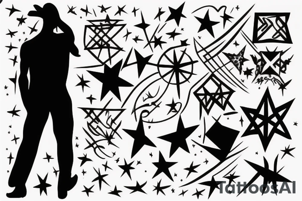 silhouette of a man, in the background stars and lines tattoo idea