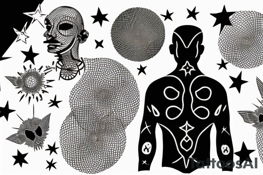 silhouette of a man, in the background stars and lines tattoo idea