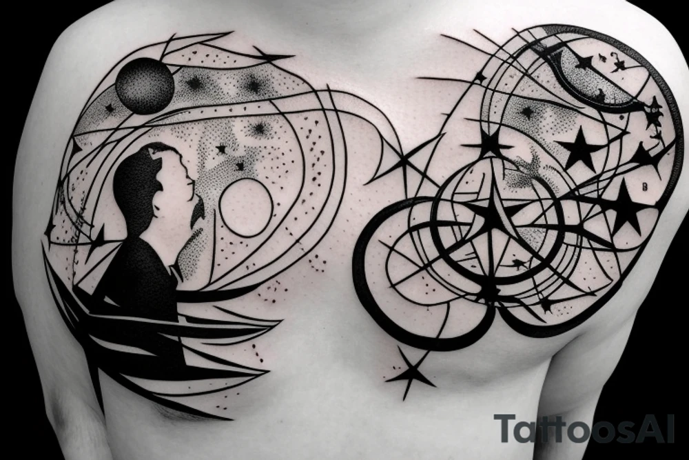 silhouette of a man, in the background stars and lines tattoo idea