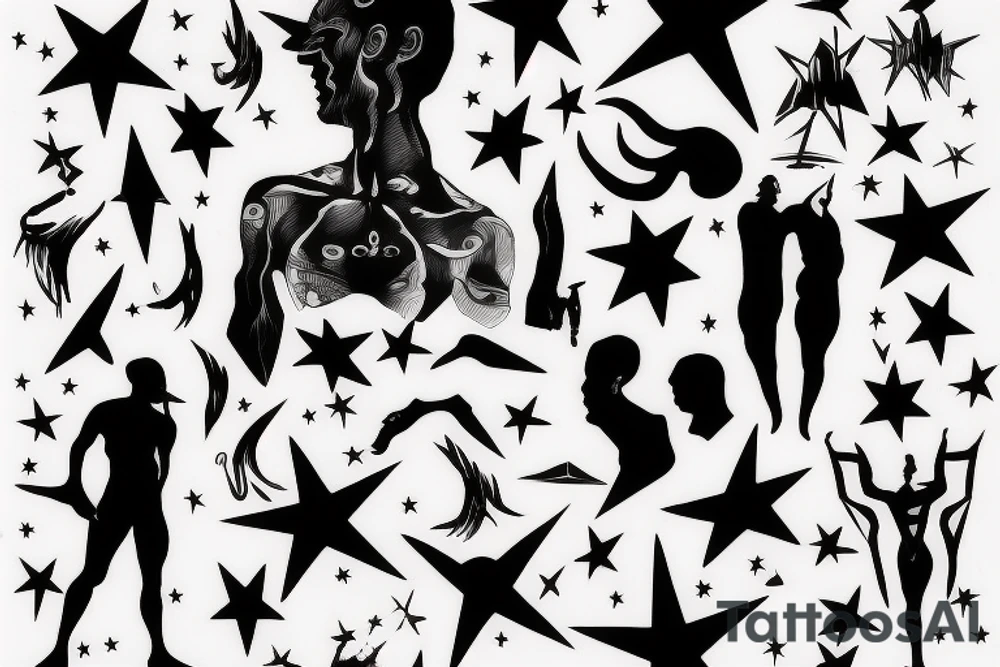 silhouette of a man, in the background stars and lines tattoo idea