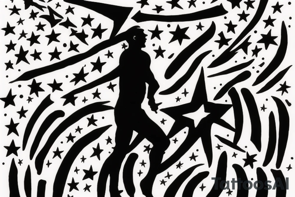 silhouette of a man, in the background stars and lines tattoo idea