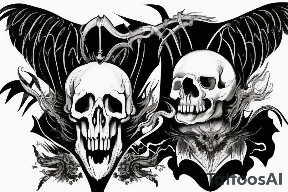 Raven skull with horns and smoke background tattoo idea