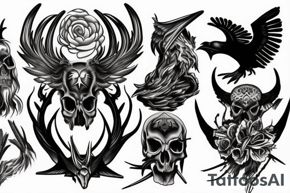 Raven skull with horns and smoke background tattoo idea