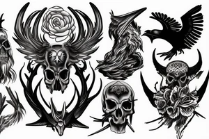 Raven skull with horns and smoke background tattoo idea