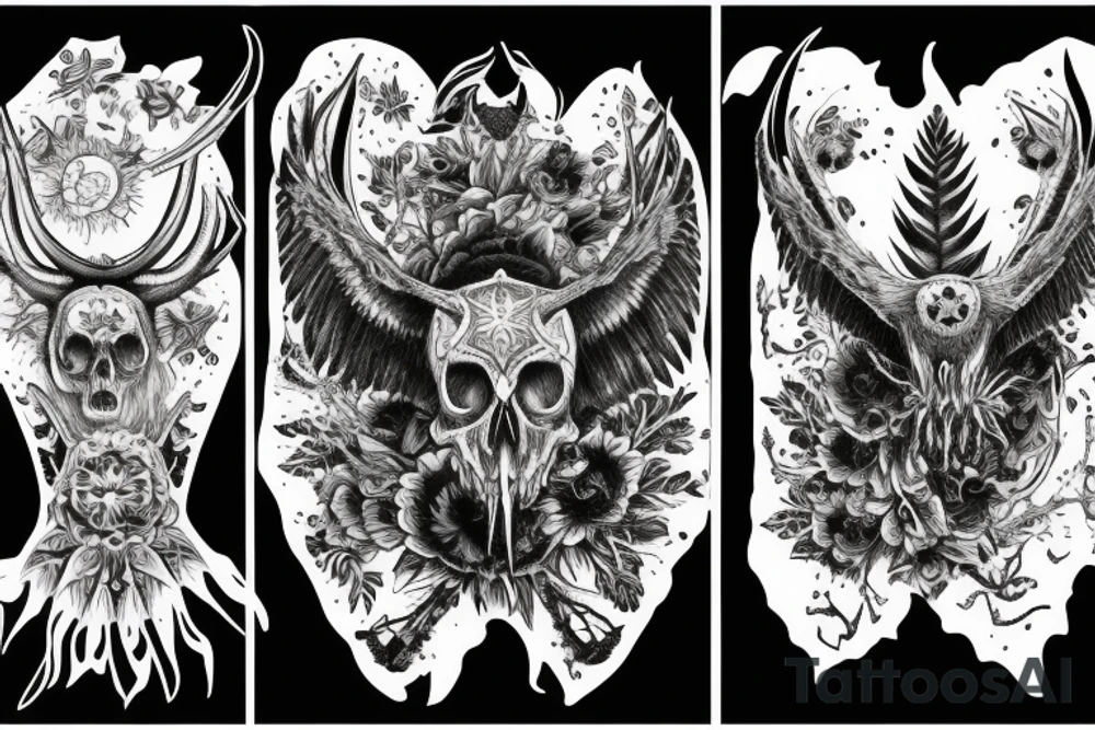Raven skull with horns and tattoo idea