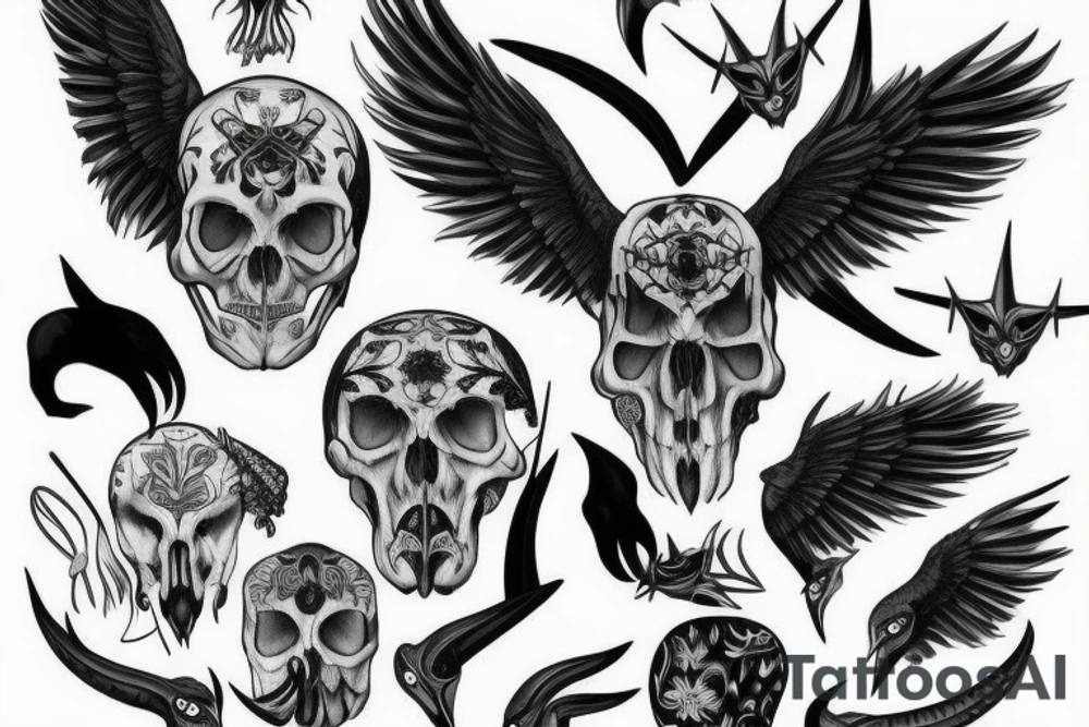 Raven skull with horns and tattoo idea