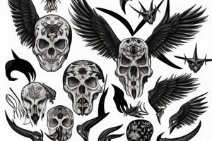 Raven skull with horns and tattoo idea