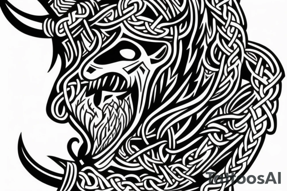 draw a viking walking away from his back with a viking wolf's head above it tattoo idea