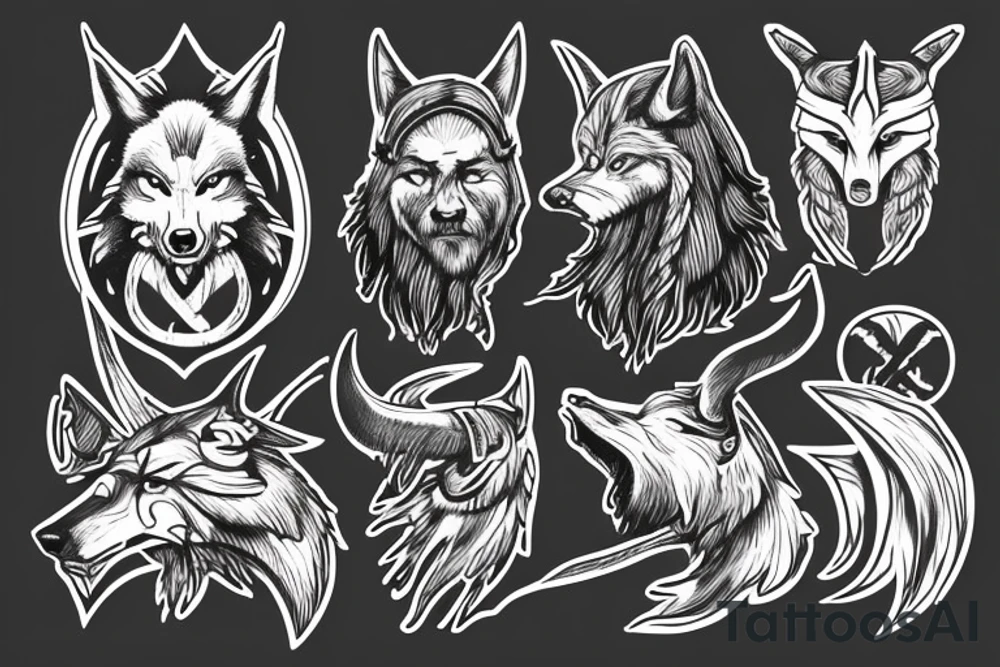 draw a viking walking away from his back with a viking wolf's head above it tattoo idea