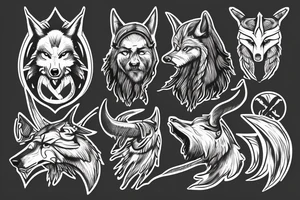 draw a viking walking away from his back with a viking wolf's head above it tattoo idea