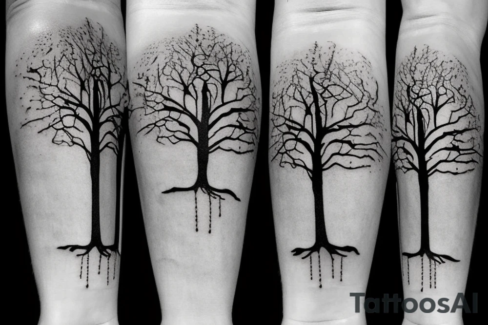 Broken sandglass with tree roots tattoo idea