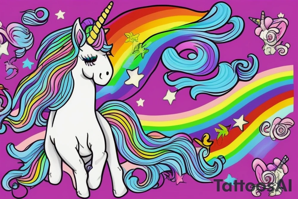 unicorn  with a long rainbow mane and tail tattoo idea