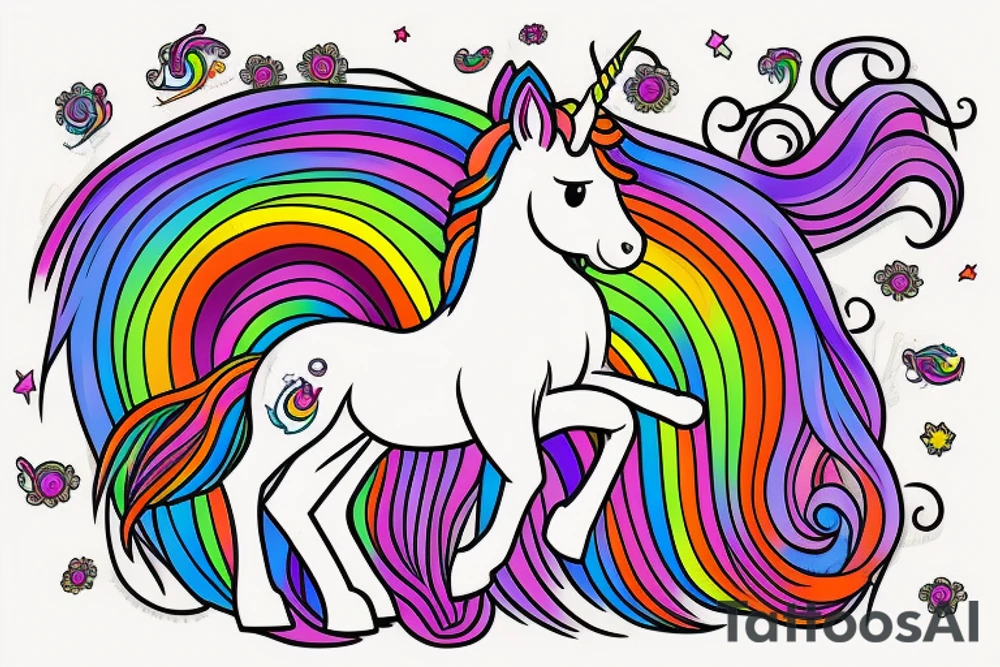 unicorn  with a long rainbow mane and tail tattoo idea