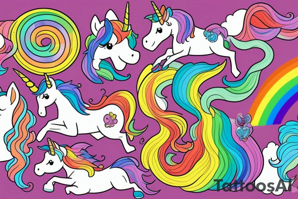 unicorn  with a long rainbow mane and tail tattoo idea