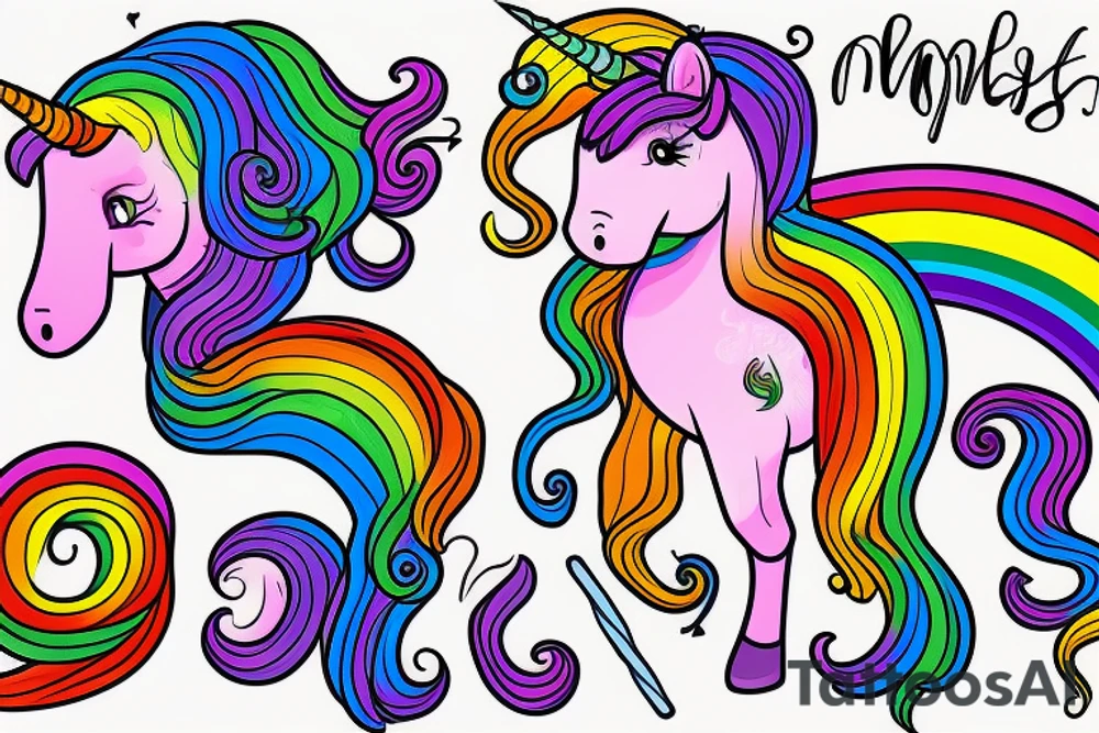 unicorn  with a long rainbow mane and tail tattoo idea