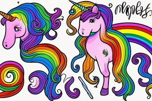 unicorn  with a long rainbow mane and tail tattoo idea