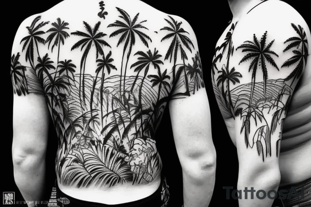 palm trees, samurai, sunset, japan style tattoo idea palm trees, samurai, sunset, japan style tattoo idea