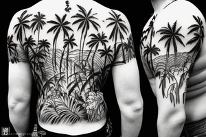 palm trees, samurai, sunset, japan style tattoo idea