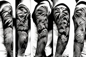 palm trees, samurai, sunset, japan style tattoo idea