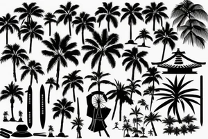 palm trees, samurai, sunset, japan style tattoo idea
