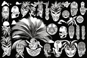 palm trees, samurai, sunset, japan style tattoo idea