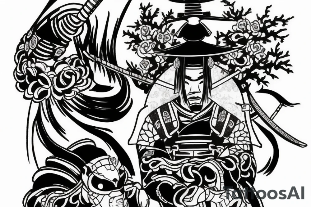 samurai, sunset, japan style tattoo idea