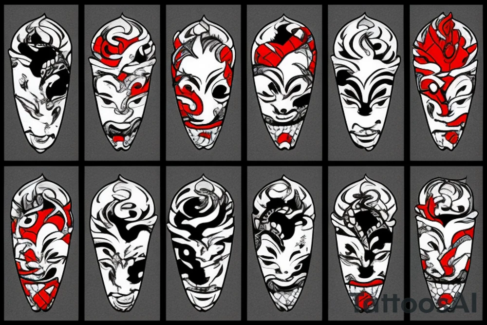 oni mask with a koi fish swimming around it with a katana tattoo idea