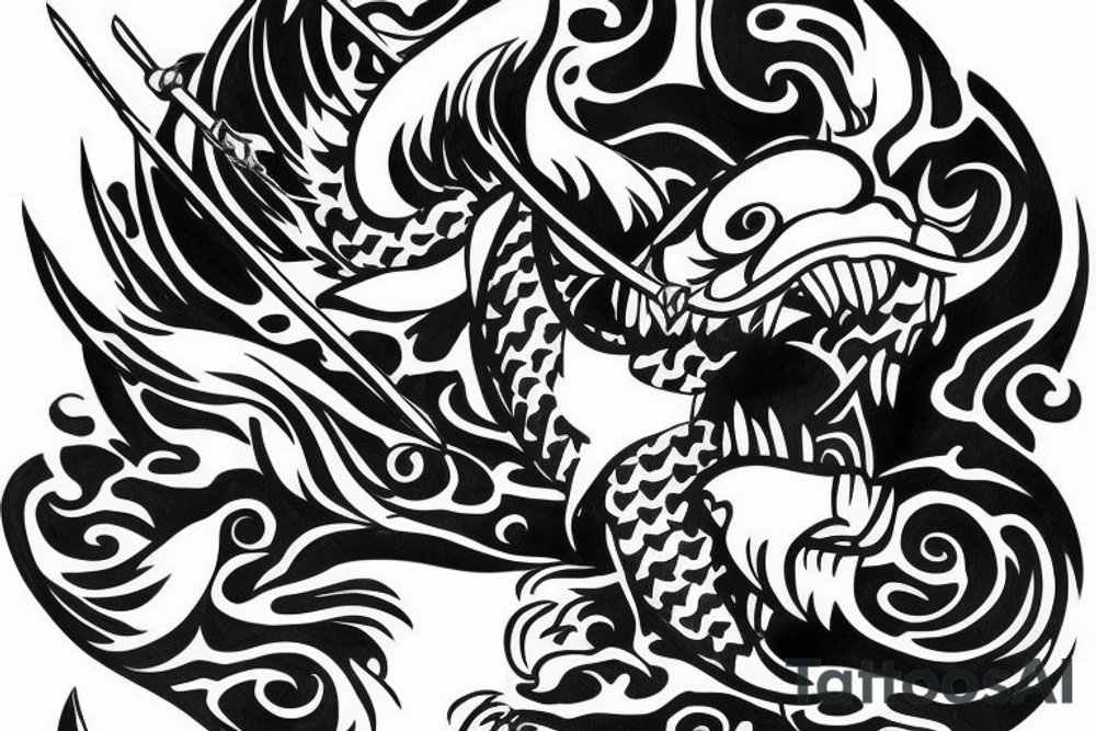 oni mask with a koi fish swimming around it with a katana tattoo idea