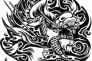 oni mask with a koi fish swimming around it with a katana tattoo idea