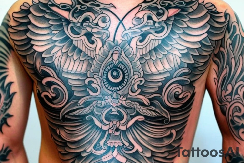 I would like a full chest piece tattoo of a Thai mythical creature with very realistic details tattoo idea
