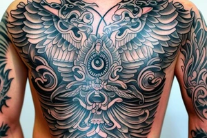 I would like a full chest piece tattoo of a Thai mythical creature with very realistic details tattoo idea