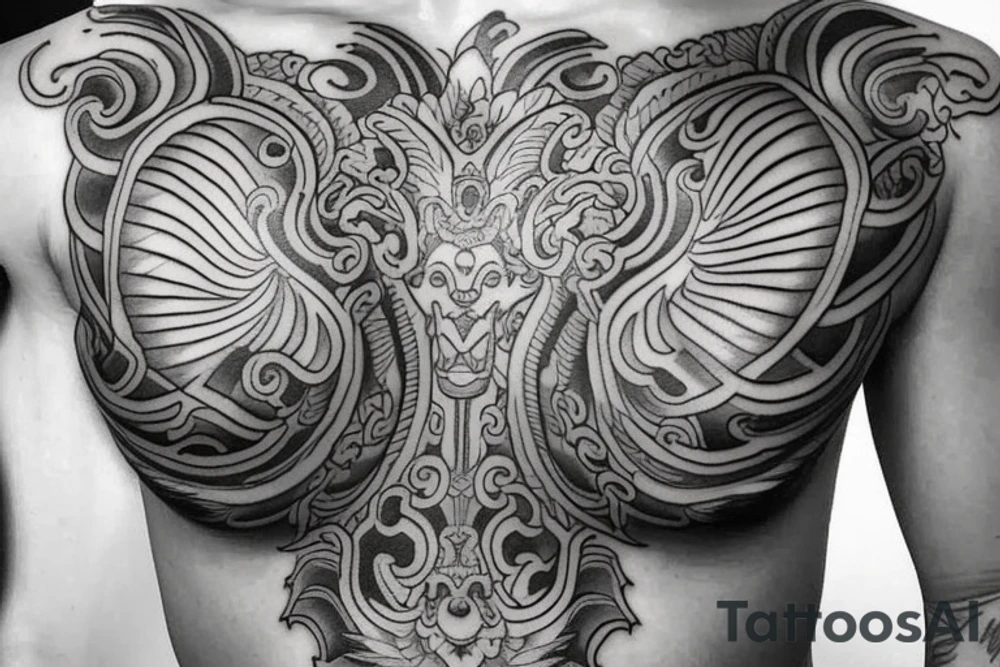 I would like a full chest piece tattoo of a Thai mythical creature with very realistic details tattoo idea