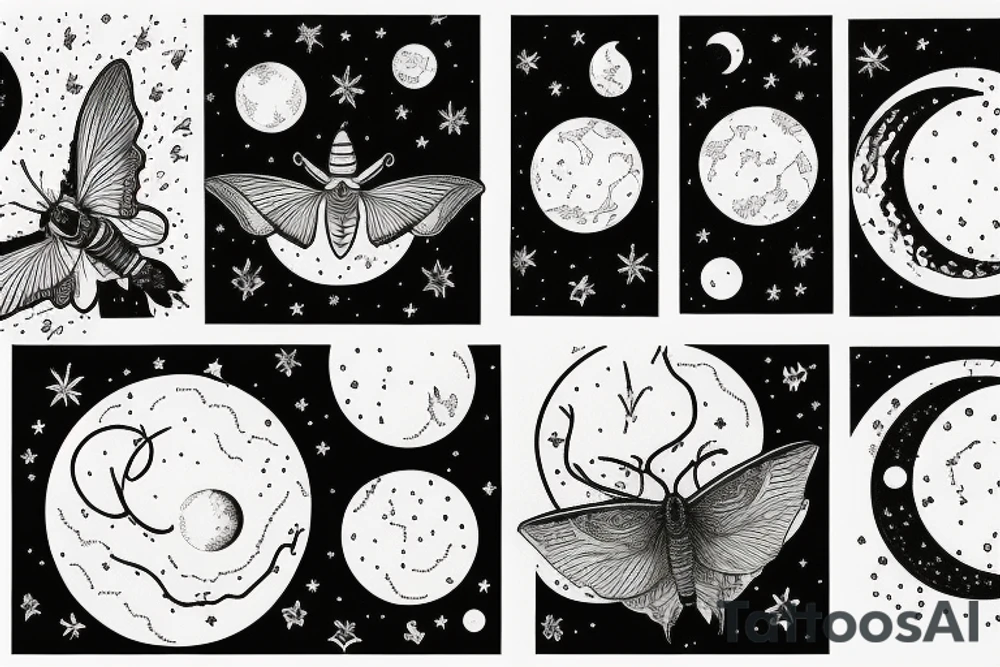 phases of the moon and a luna moth at the base tattoo idea