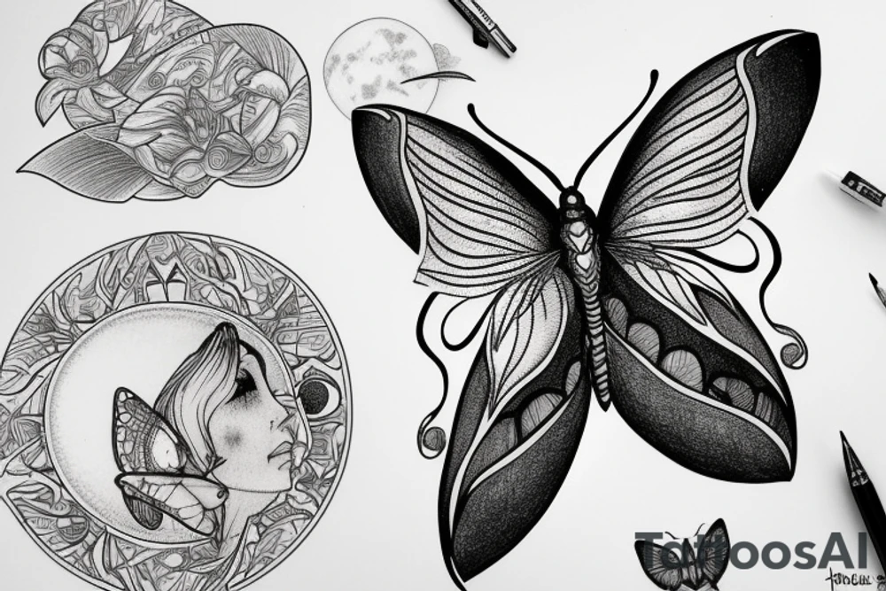 phases of the moon and a luna moth at the base tattoo idea