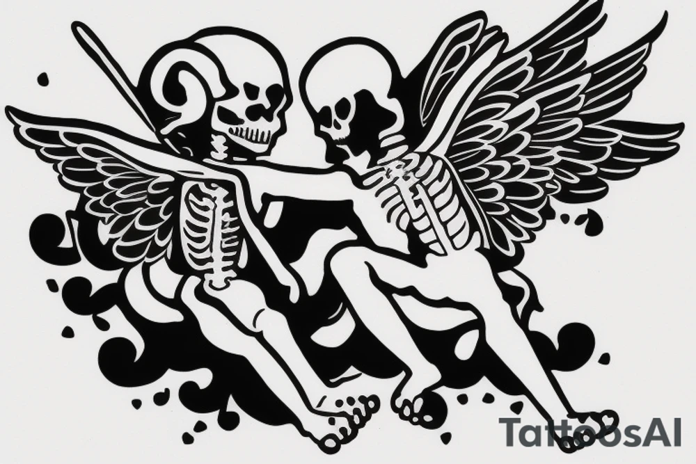 cupid and a skeleton sitting on a cloud together tattoo idea