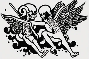 cupid and a skeleton sitting on a cloud together tattoo idea